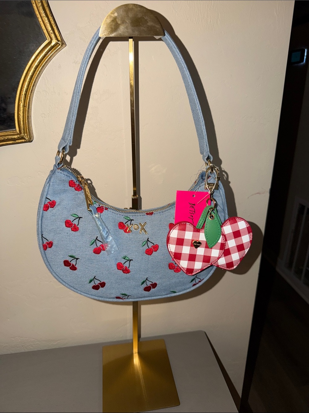 Light Blue Cherry Embroidered Shoulder Bag with Heart Charm
